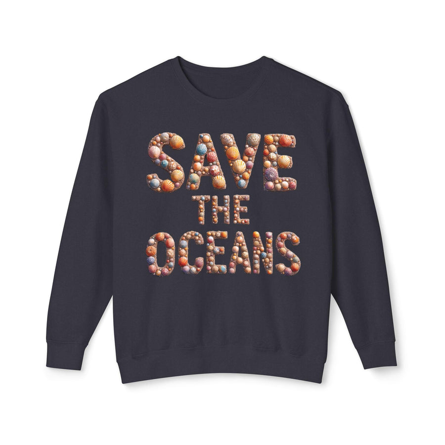 Save the Oceans Unisex Crewneck Sweatshirt, Shell Typography, Ocean Lover Gift, Eco-Friendly Jumper, Sustainable Apparel