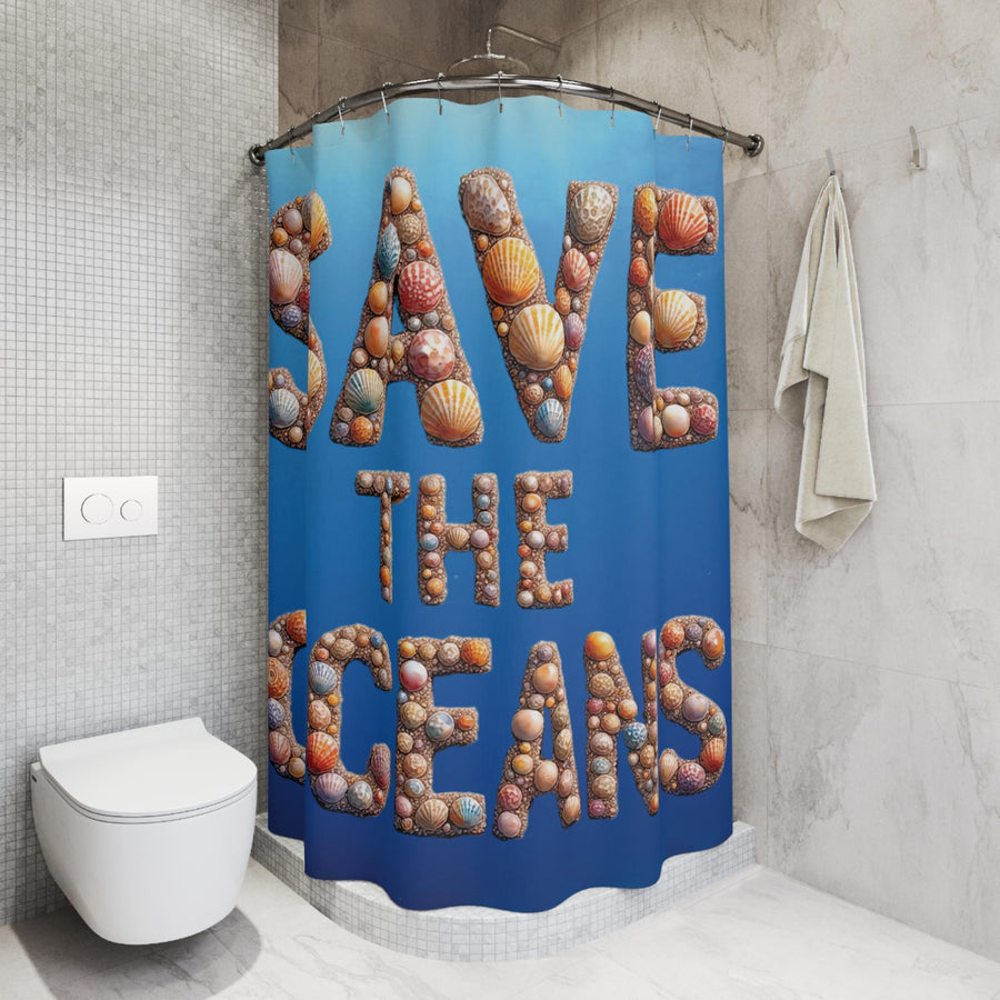 Shower Curtains - Save the Oceans Seashell Lettering, Bathroom Decor, Ocean Theme, Beach House, Coastal Home, Environmental Awareness, Sea
