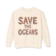 Save the Oceans Unisex Crewneck Sweatshirt, Shell Typography, Ocean Lover Gift, Eco-Friendly Jumper, Sustainable Apparel