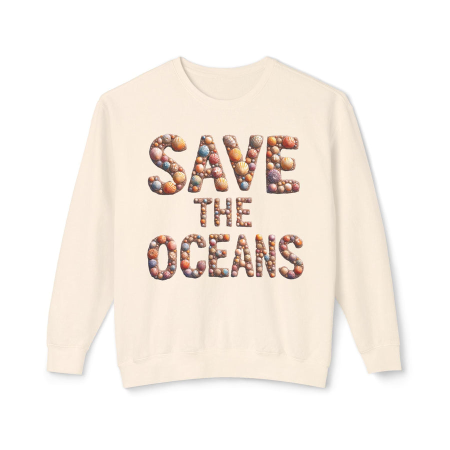 Save the Oceans Unisex Crewneck Sweatshirt, Shell Typography, Ocean Lover Gift, Eco-Friendly Jumper, Sustainable Apparel