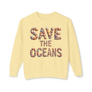 Save the Oceans Unisex Crewneck Sweatshirt, Shell Typography, Ocean Lover Gift, Eco-Friendly Jumper, Sustainable Apparel