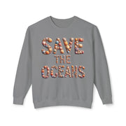 Save the Oceans Unisex Crewneck Sweatshirt, Shell Typography, Ocean Lover Gift, Eco-Friendly Jumper, Sustainable Apparel