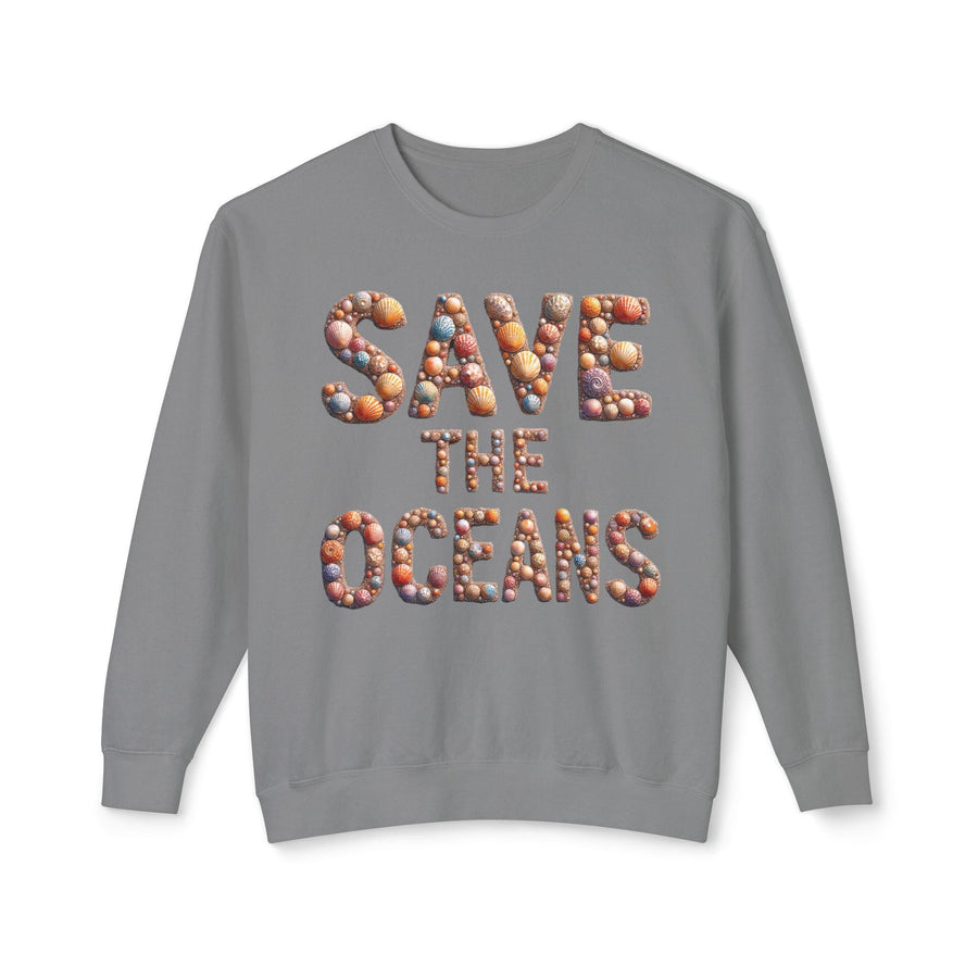 Save the Oceans Unisex Crewneck Sweatshirt, Shell Typography, Ocean Lover Gift, Eco-Friendly Jumper, Sustainable Apparel