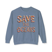 Save the Oceans Unisex Crewneck Sweatshirt, Shell Typography, Ocean Lover Gift, Eco-Friendly Jumper, Sustainable Apparel