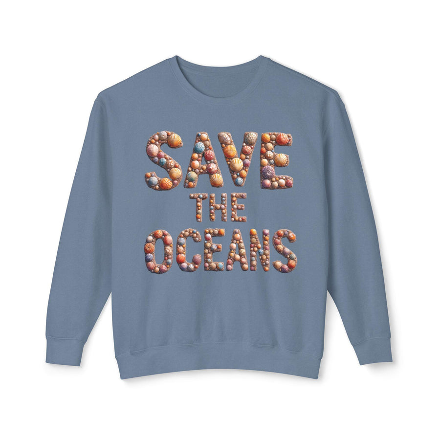 Save the Oceans Unisex Crewneck Sweatshirt, Shell Typography, Ocean Lover Gift, Eco-Friendly Jumper, Sustainable Apparel