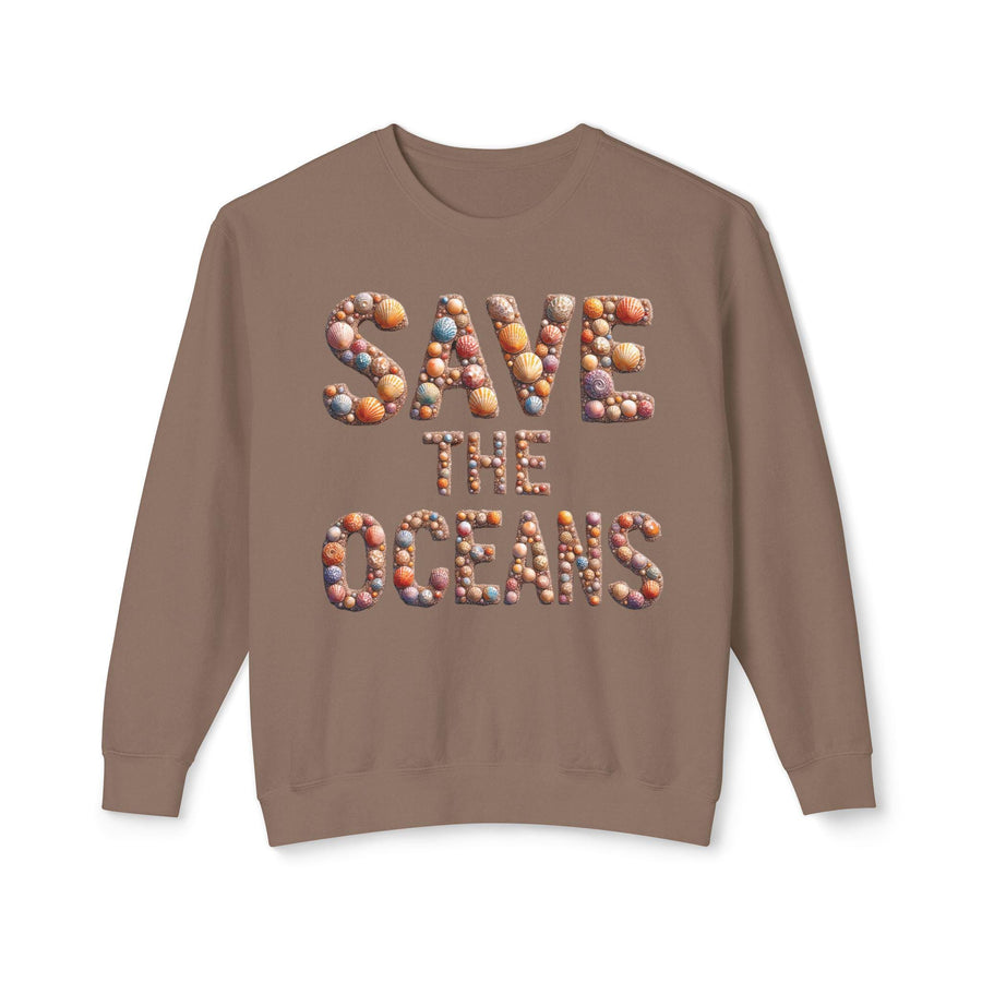 Save the Oceans Unisex Crewneck Sweatshirt, Shell Typography, Ocean Lover Gift, Eco-Friendly Jumper, Sustainable Apparel
