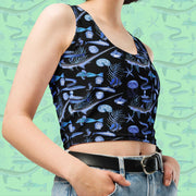 Deep Blue Ocean Creatures Crop Top, All Over Vintage Marine Life Art, Women's Sea Animal Collage Gift for Ocean Lovers