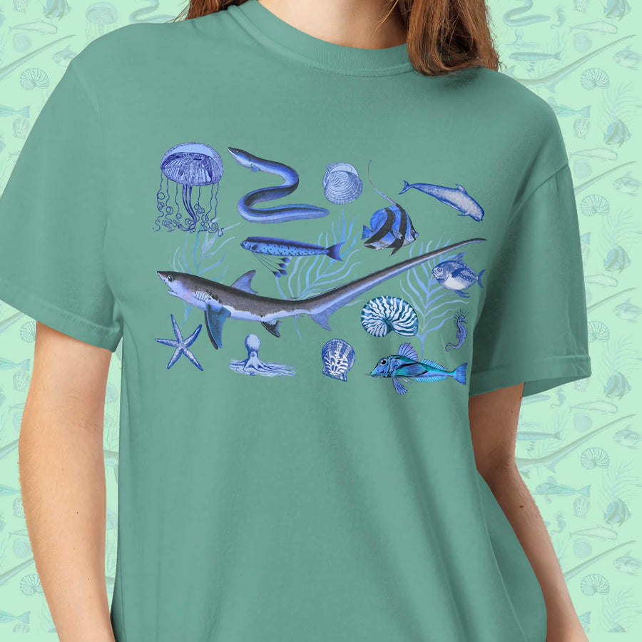 Deep Blue Ocean Creatures T-Shirt | Vintage Marine Life Art | Unisex Comfort Colors 1717 Shirt | Sea Animal Collage Gift for Ocean Lovers