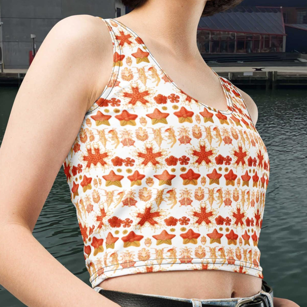 Asteridea Starfish Women’s Crop Top, Restored Ernst Haeckel Ocean Art, Body-Hugging Fit, Vintage Marine Life Print, Eco Beachwear