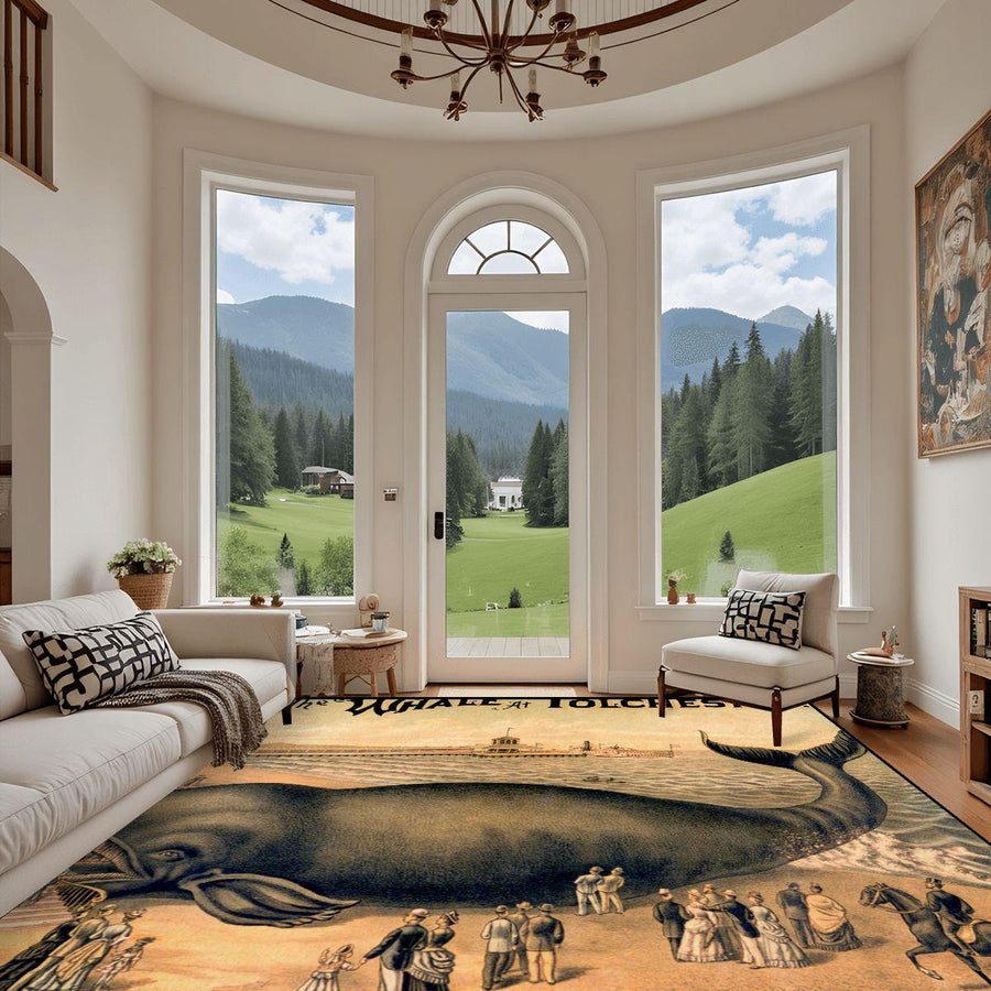 Go See the Whale! Tolchester Vintage Postcard Area Rug | Quirky Historical Decor | 12'x9' Plush Non-Slip Carpet for Home or Office
