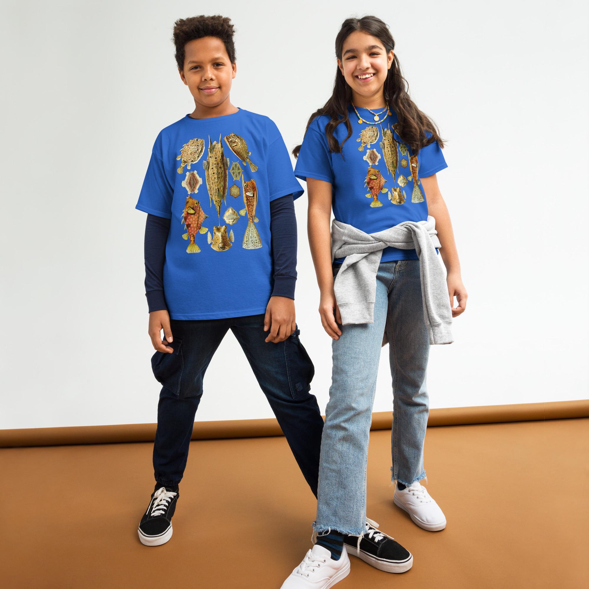 Ostraciontes Cowfish Youth T-Shirt, Ernst Haeckel Horned Boxfish Drawing, Gildan 5000B Durable Ocean Science Tee, Marine Biology Kids Gift