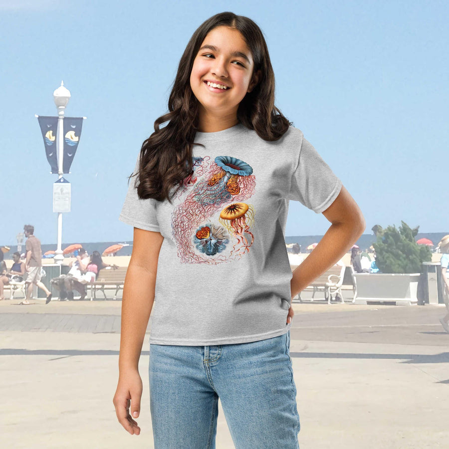 Discomedusa Jellyfish Youth T-Shirt, Haeckel Vintage Ocean Art, Gildan 5000B, Durable Marine Biology Kids Tee, Educational Sea Life Gift