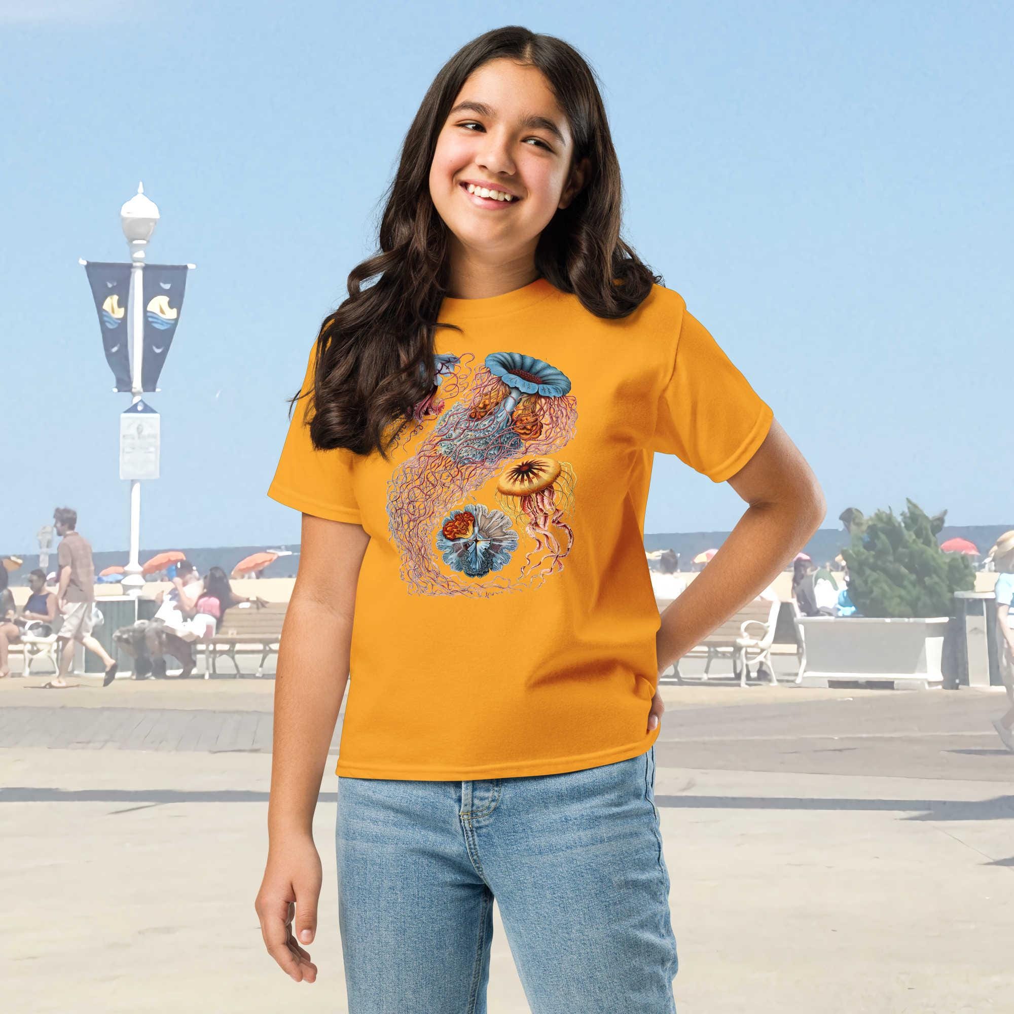 Discomedusa Jellyfish Youth T-Shirt, Haeckel Vintage Ocean Art, Gildan 5000B, Durable Marine Biology Kids Tee, Educational Sea Life Gift