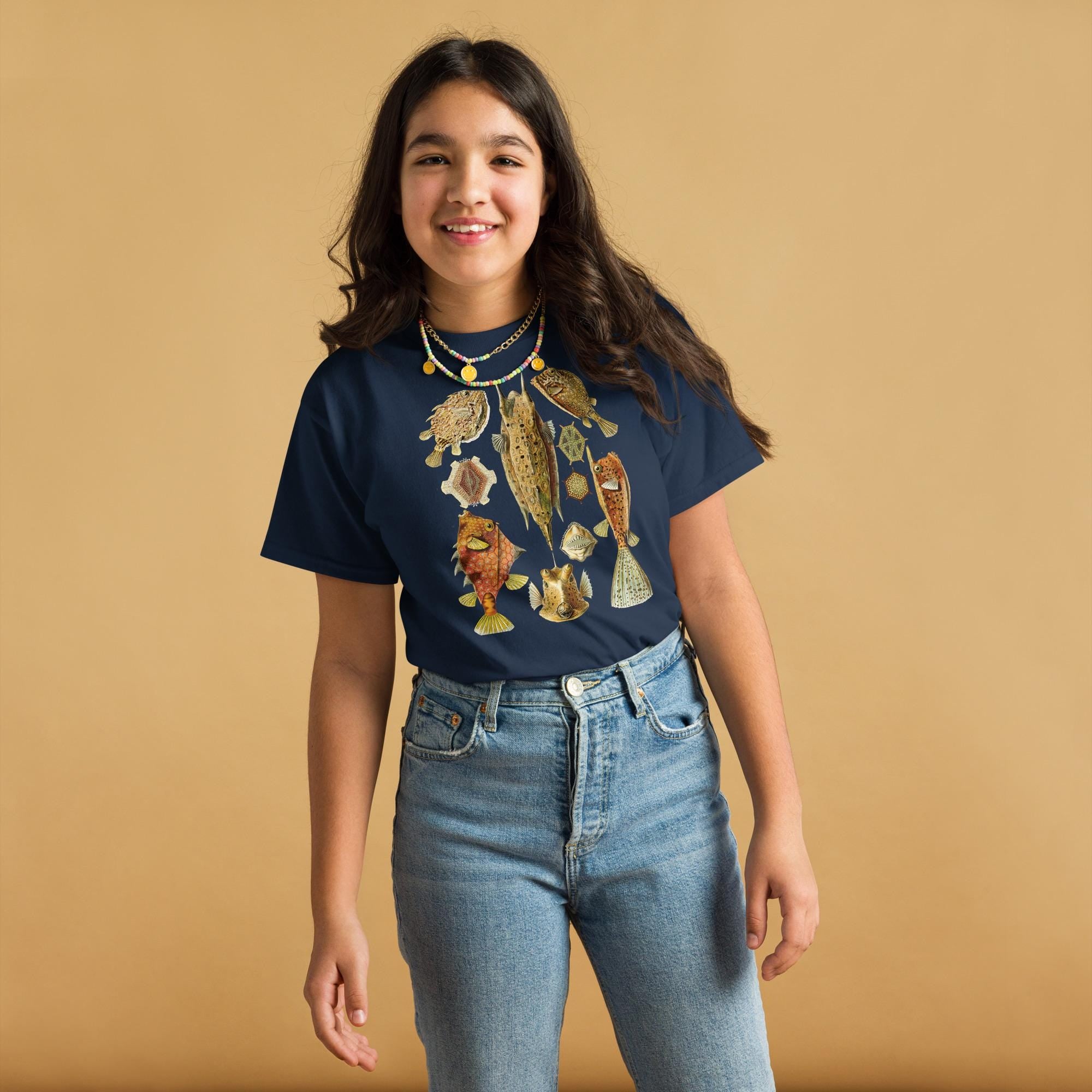 Ostraciontes Cowfish Youth T-Shirt, Ernst Haeckel Horned Boxfish Drawing, Gildan 5000B Durable Ocean Science Tee, Marine Biology Kids Gift