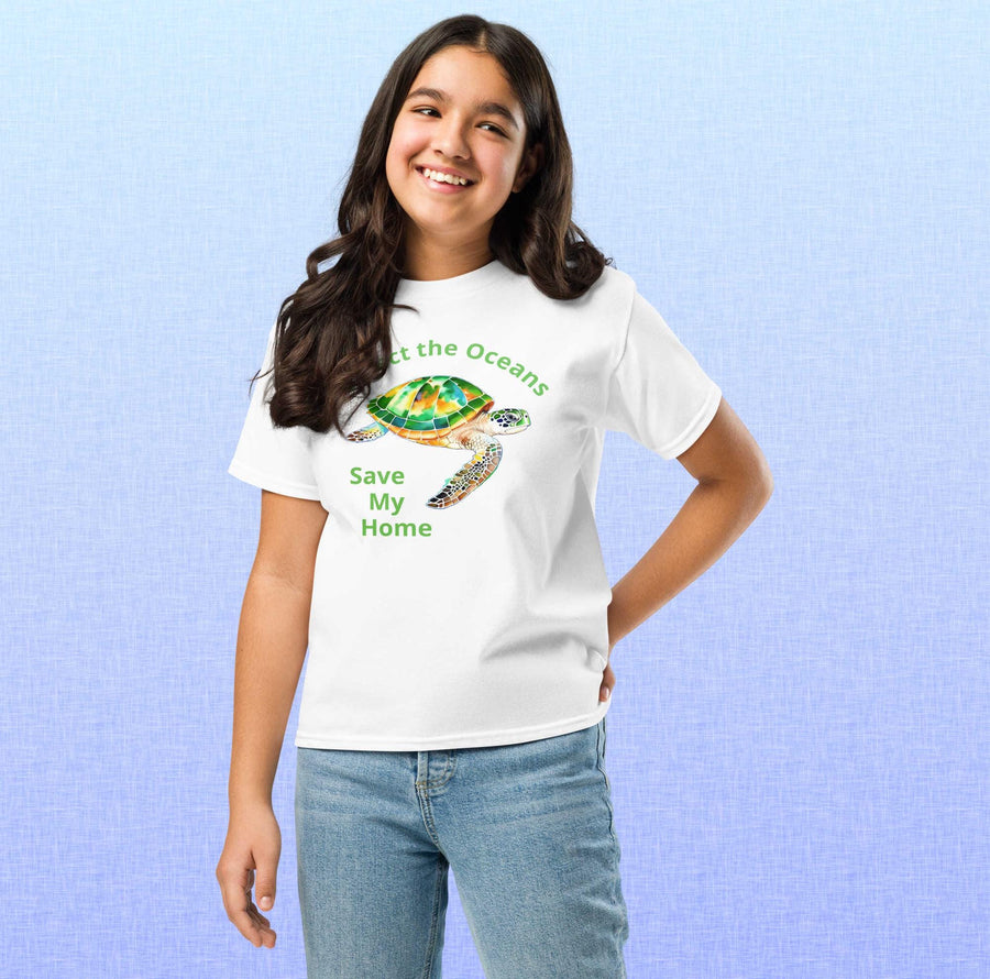 Protect the Oceans Youth T-Shirt | Endangered Green Sea Turtle Art, Save My Home Message, Gildan 5000B, Durable Eco Kids Shirt