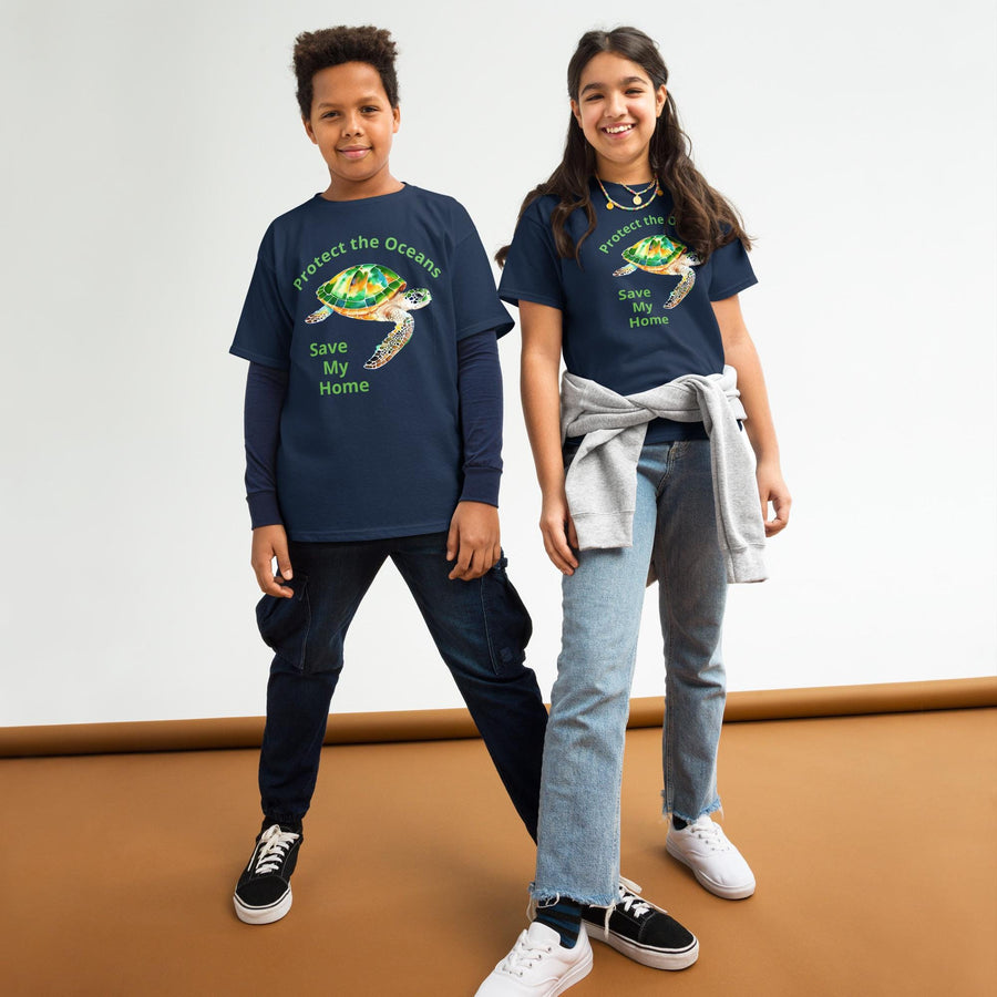 Protect the Oceans Youth T-Shirt | Endangered Green Sea Turtle Art, Save My Home Message, Gildan 5000B, Durable Eco Kids Shirt