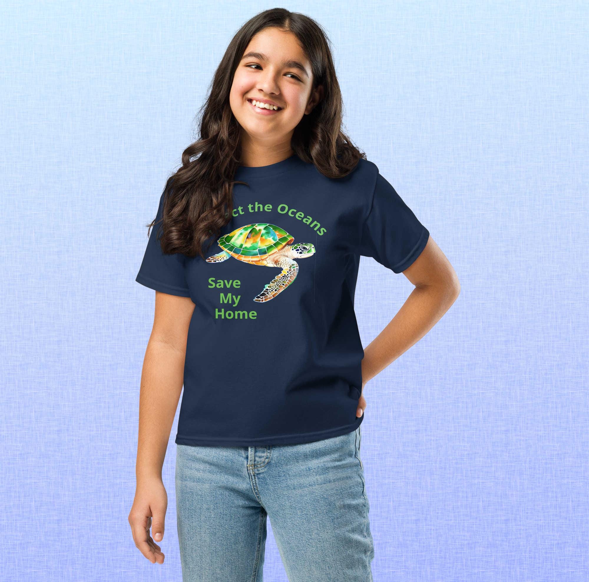 Protect the Oceans Youth T-Shirt | Endangered Green Sea Turtle Art, Save My Home Message, Gildan 5000B, Durable Eco Kids Shirt