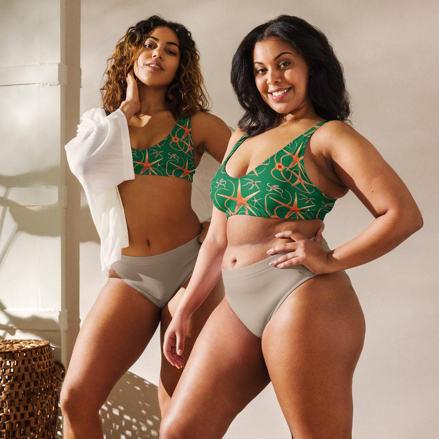 Asteroidea Starfish Green Bikini Top | Recycled Padded Swimwear with Vintage Albert I Illustration | Eco-Friendly Marine Life Pattern