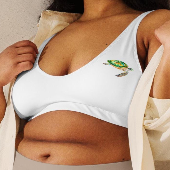 Minimalist Green Sea Turtle Bikini Top, Color-Splash Logo Design by Ocean Vista, Recycled Padded Swimwear, Eco-Friendly Ocean-Inspired Style