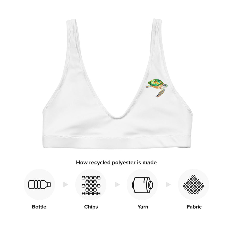 Minimalist Green Sea Turtle Bikini Top, Color-Splash Logo Design by Ocean Vista, Recycled Padded Swimwear, Eco-Friendly Ocean-Inspired Style