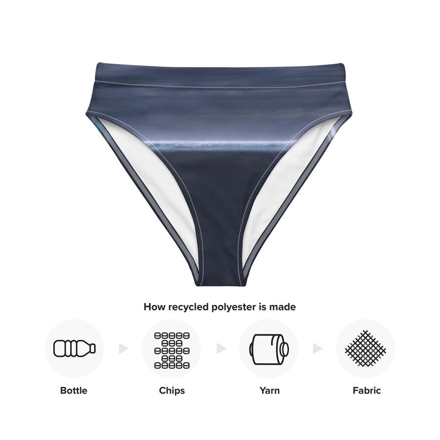Gray Whale Bikini Bottom | High-Waisted Recycled Swimwear with Ocean Horizon | Whale Breach on Back | Sustainable Two-Piece Bottom