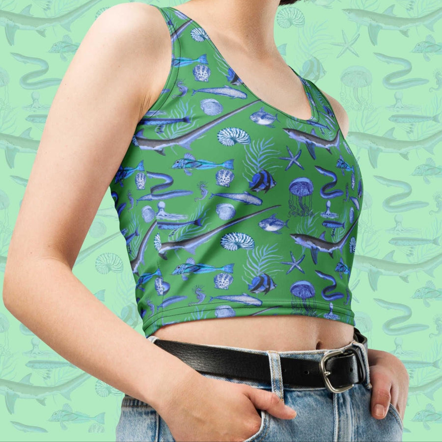 Deep Blue Ocean Creatures Crop Top, All Over Vintage Marine Life Art, Women's Sea Animal Collage Gift for Ocean Lovers