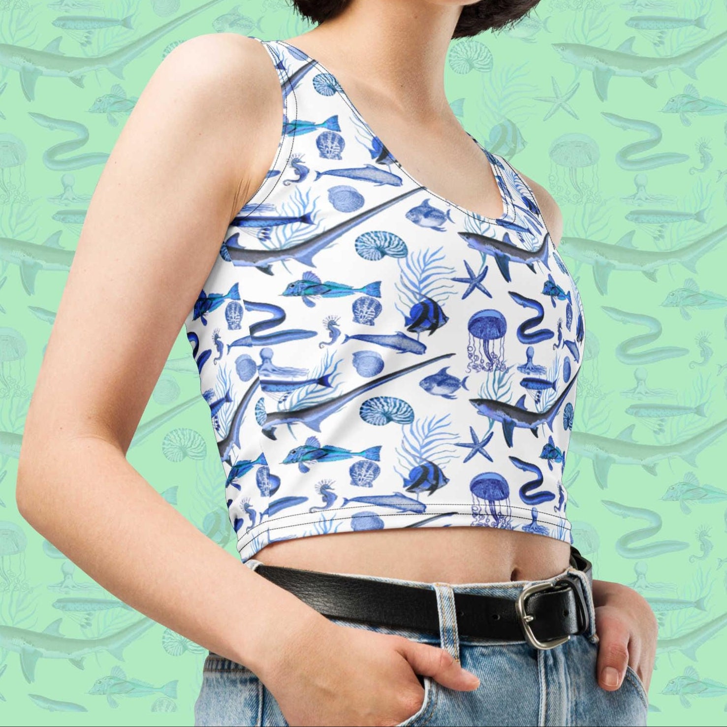 Deep Blue Ocean Creatures Crop Top, All Over Vintage Marine Life Art, Women's Sea Animal Collage in 4 colors