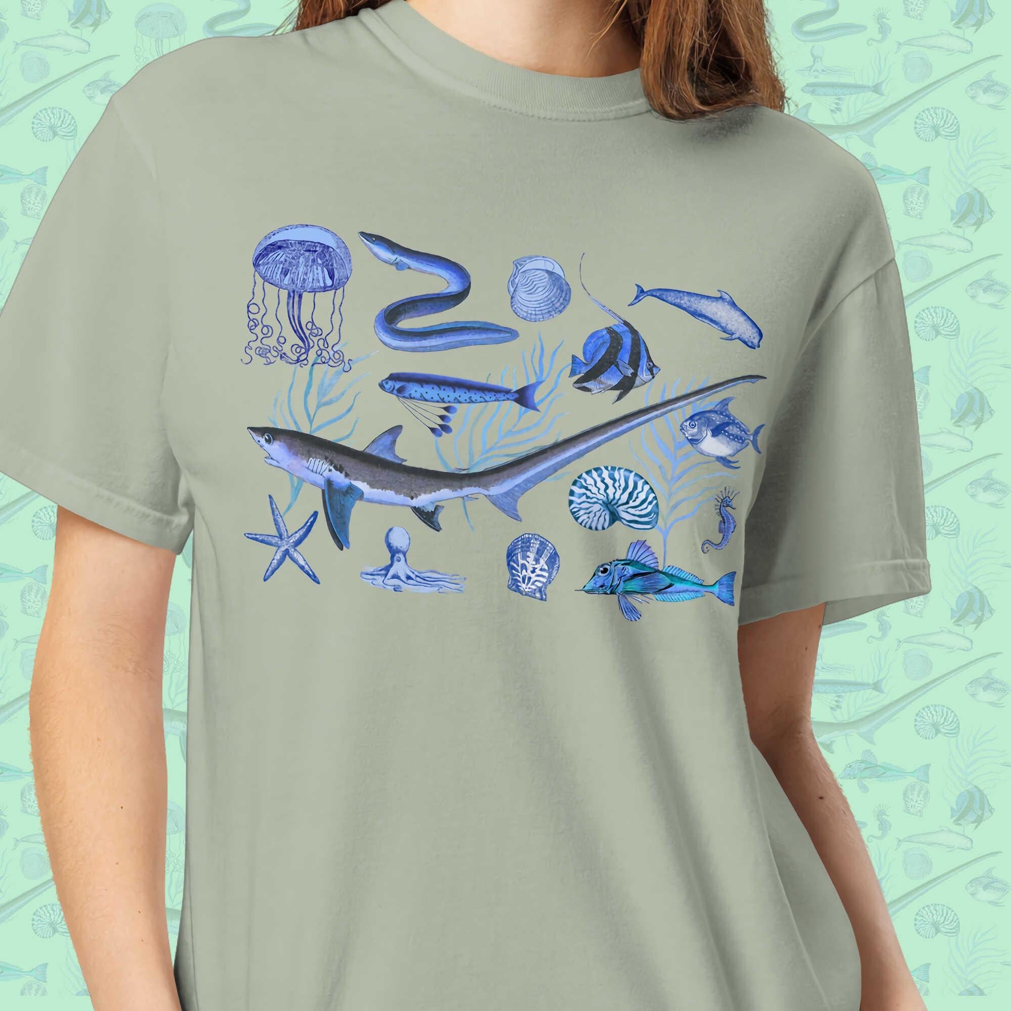 Deep Blue Ocean Creatures T-Shirt | Vintage Marine Life Art | Unisex Comfort Colors 1717 Shirt | Sea Animal Collage Gift for Ocean Lovers