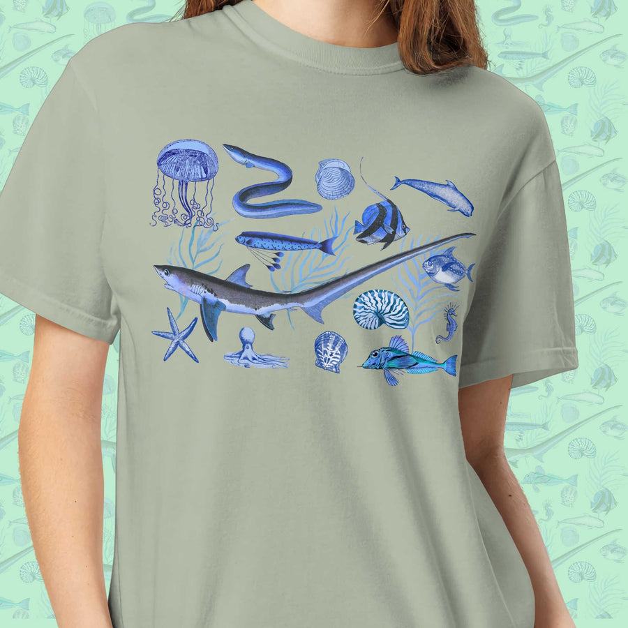 Deep Blue Ocean Creatures T-Shirt | Vintage Marine Life Art | Unisex Comfort Colors 1717 Shirt | Sea Animal Collage Gift for Ocean Lovers