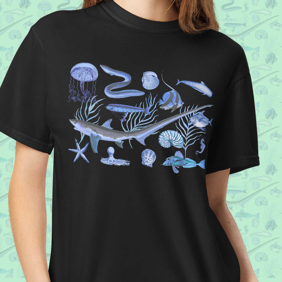 Deep Blue Ocean Creatures T-Shirt | Vintage Marine Life Art | Unisex Comfort Colors 1717 Shirt | Sea Animal Collage Gift for Ocean Lovers