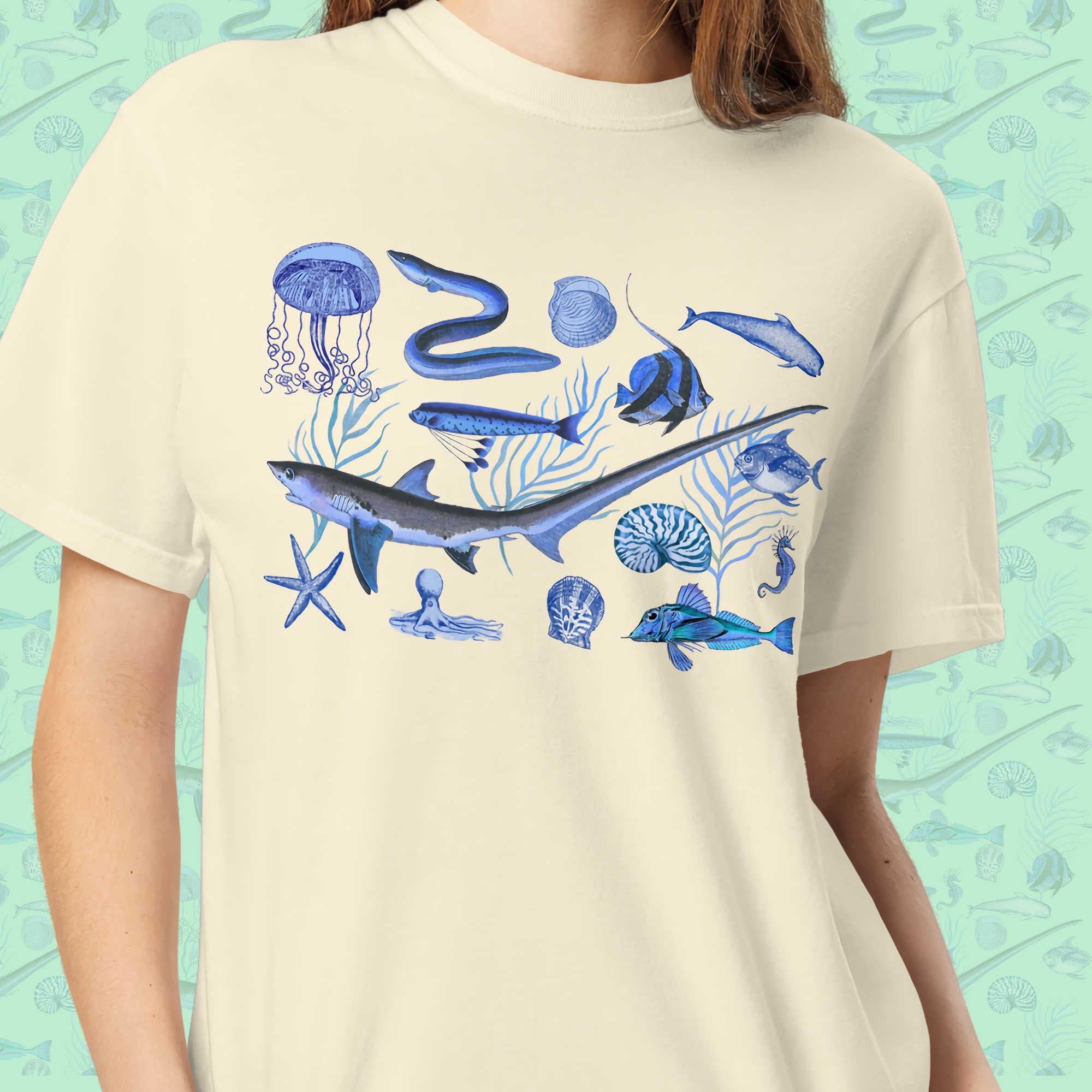Deep Blue Ocean Creatures T-Shirt | Vintage Marine Life Art | Unisex Comfort Colors 1717 Shirt | Sea Animal Collage Gift for Ocean Lovers