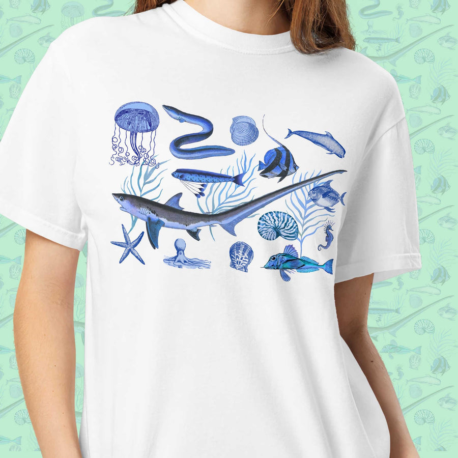 Deep Blue Ocean Creatures T-Shirt | Vintage Marine Life Art | Unisex Comfort Colors 1717 Shirt | Sea Animal Collage Gift for Ocean Lovers