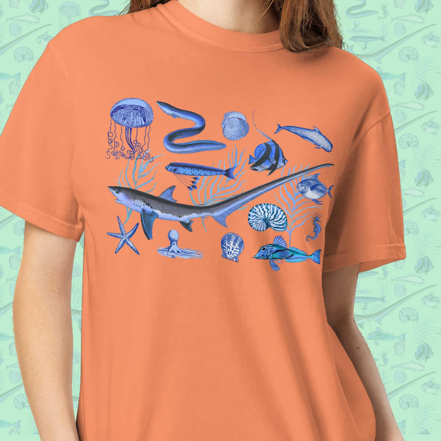 Deep Blue Ocean Creatures T-Shirt | Vintage Marine Life Art | Unisex Comfort Colors 1717 Shirt | Sea Animal Collage Gift for Ocean Lovers