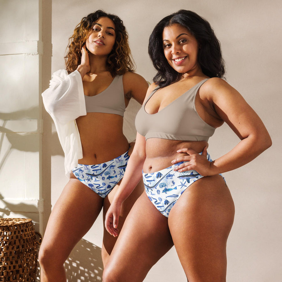 Deep Blue Ocean Creatures Bikini bottom, Vintage Fish Pattern by Adolphe Millot, All-Over Print High-Waisted Bikini, Sustainable Swimwear
