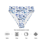 Deep Blue Ocean Creatures Bikini bottom, Vintage Fish Pattern by Adolphe Millot, All-Over Print High-Waisted Bikini, Sustainable Swimwear