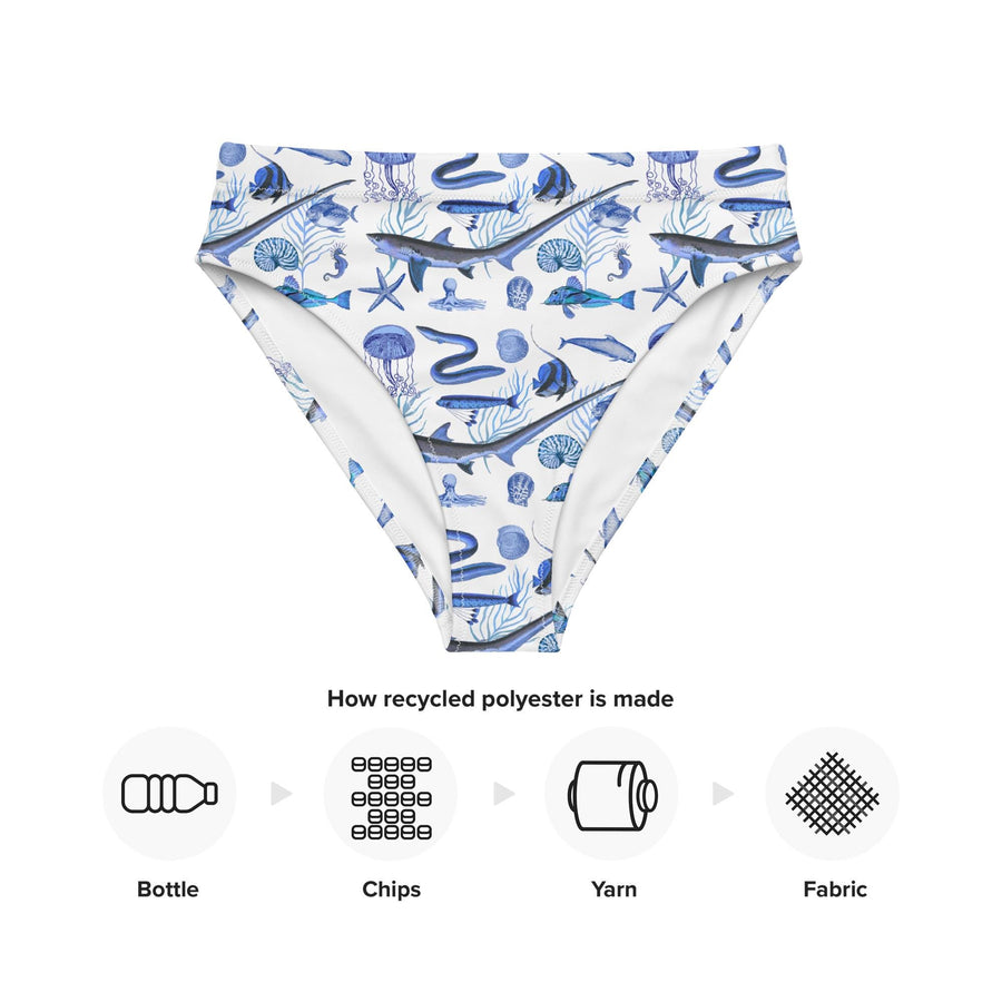 Deep Blue Ocean Creatures Bikini bottom, Vintage Fish Pattern by Adolphe Millot, All-Over Print High-Waisted Bikini, Sustainable Swimwear