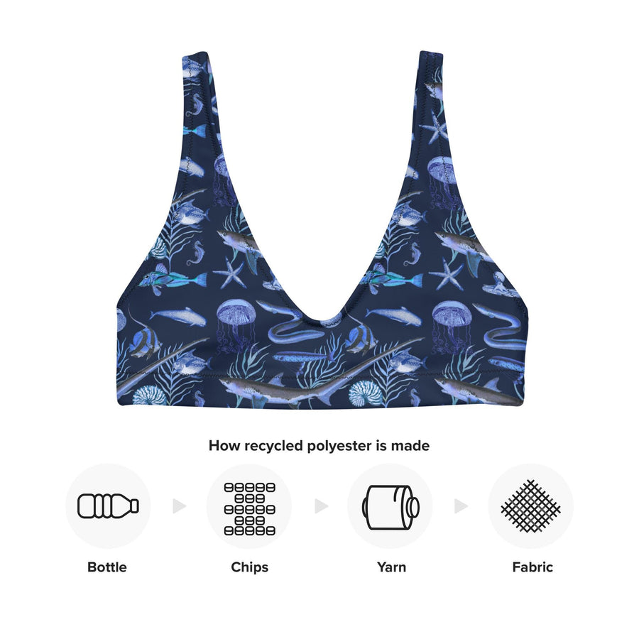 Deep Blue Ocean Creatures Bikini Set, Vintage Fish Pattern by Adolphe Millot, All-Over Print High-Waisted Bikini, Sustainable Swimwear NAVY