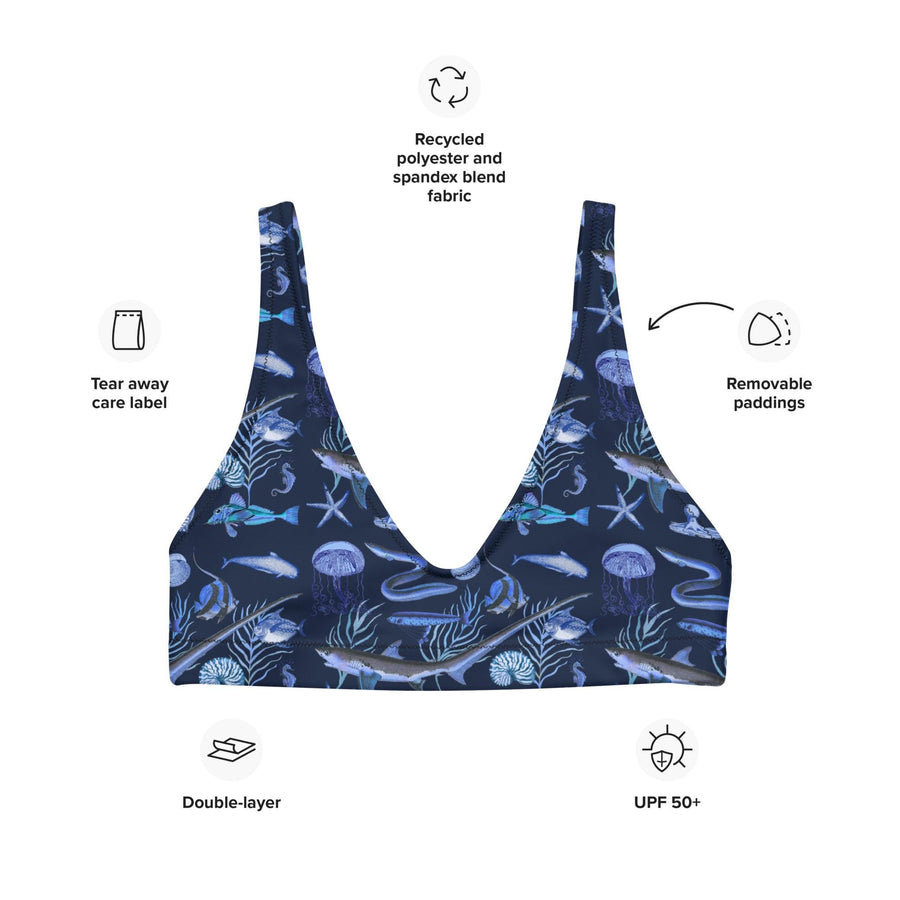 Deep Blue Ocean Creatures Bikini Top, Vintage Fish Pattern by Adolphe Millot, All-Over Print Bathing Suit Top, Sustainable Swimwear NAVY