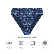 Deep Blue Ocean Creatures Bikini bottom, Vintage Fish Pattern by Millot, All-Over Print High-Waisted BOTTOMS , Sustainable Swimwear NAVY