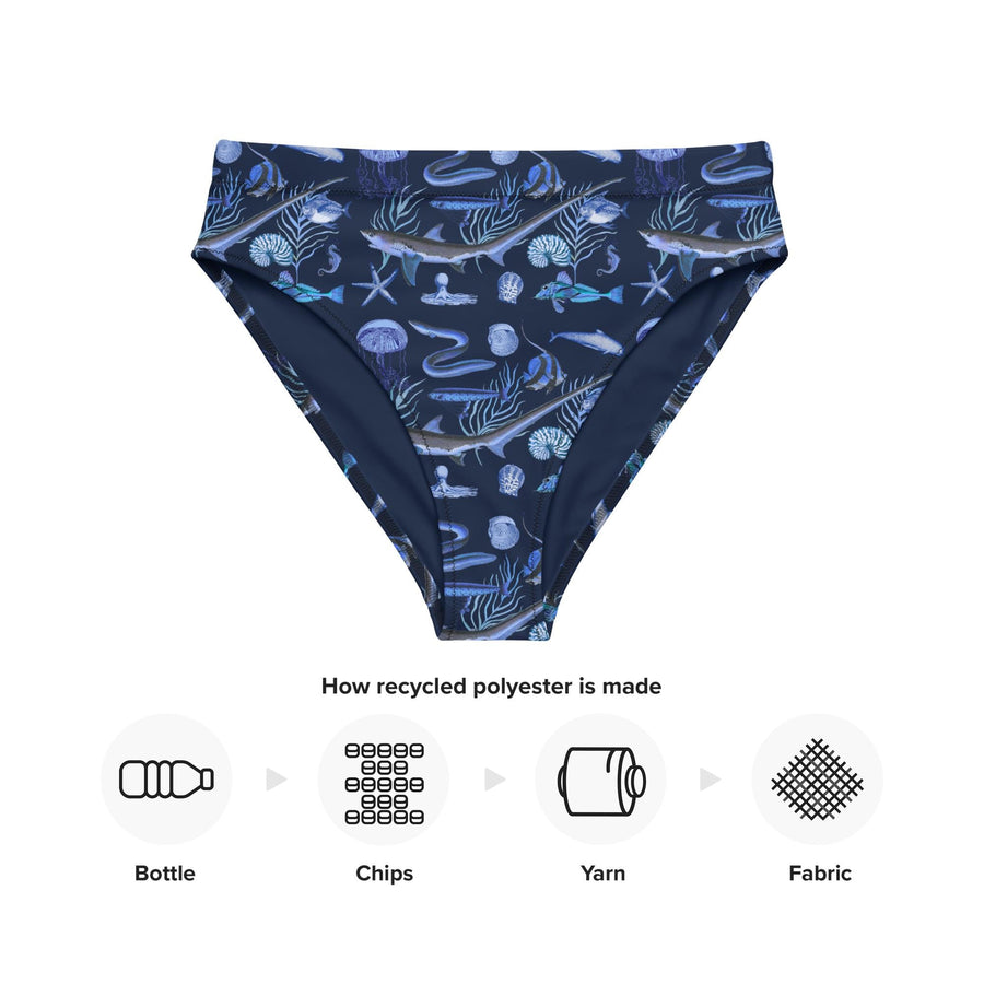 Deep Blue Ocean Creatures Bikini bottom, Vintage Fish Pattern by Millot, All-Over Print High-Waisted BOTTOMS , Sustainable Swimwear NAVY