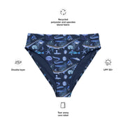 Deep Blue Ocean Creatures Bikini bottom, Vintage Fish Pattern by Millot, All-Over Print High-Waisted BOTTOMS , Sustainable Swimwear NAVY