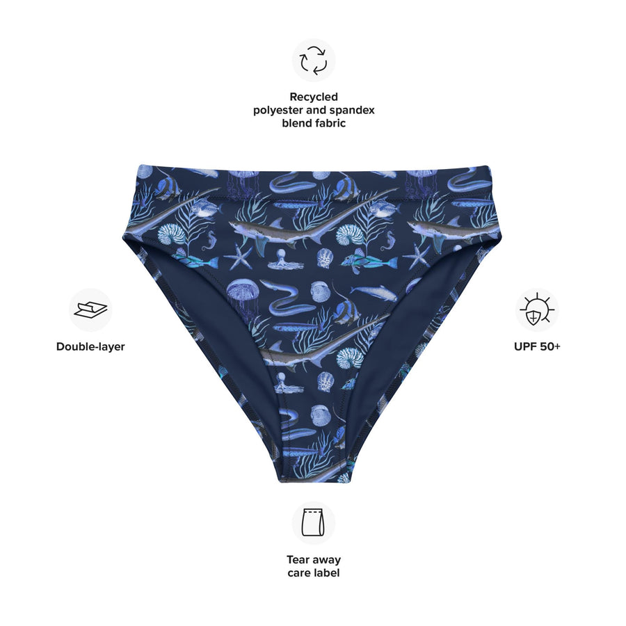 Deep Blue Ocean Creatures Bikini bottom, Vintage Fish Pattern by Millot, All-Over Print High-Waisted BOTTOMS , Sustainable Swimwear NAVY
