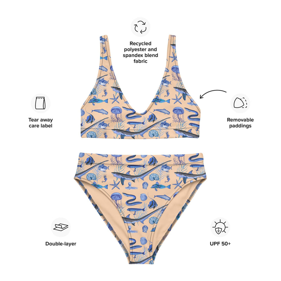 Deep Blue Ocean Creatures Bikini top, Vintage Fish Pattern by Adolphe Millot, All-Over Print bathing top, Sustainable Swimwear SAND