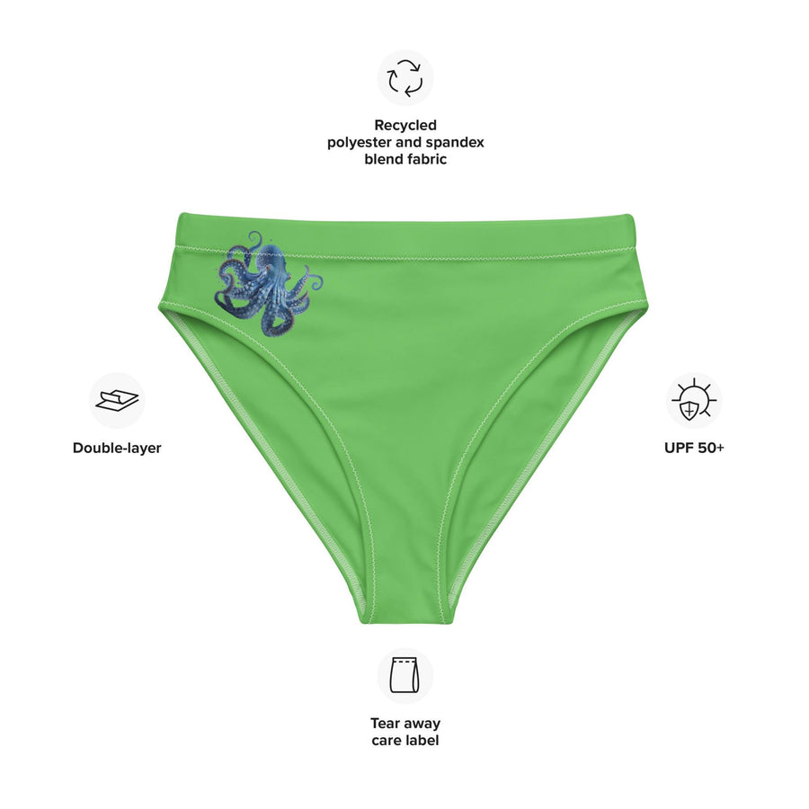 Minimalist Blue Octopus GREEN Bikini Bottoms, Original Ocean Vista Artwork, Recycled Material Swimwear, Eco-Friendly Marine-Inspired Design