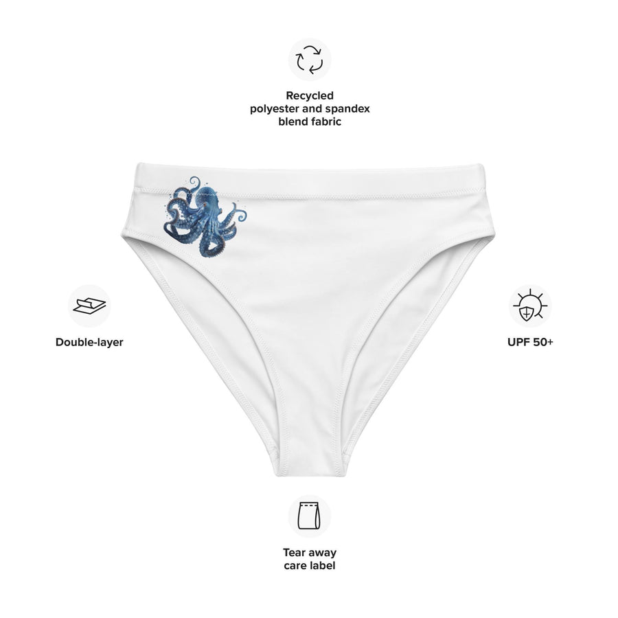 Minimalist Blue Octopus WHIET Bikini Bottoms, Original Ocean Vista Artwork, Recycled Material Swimwear, Eco-Friendly Marine-Inspired Design