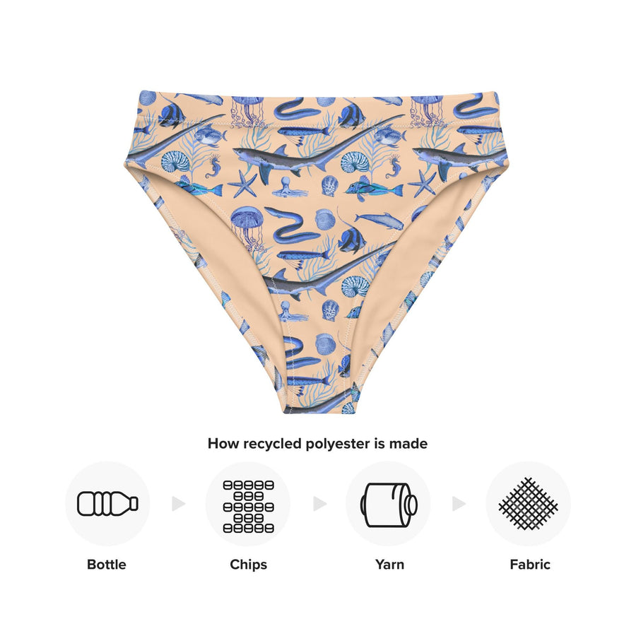 Deep Blue Ocean Creatures Bikini bottom, Vintage Fish Pattern by Millot, All-Over Print High-Waisted BOTTOMS , Sustainable Swimwear SAND
