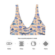 Deep Blue Ocean Creatures Bikini Top, Vintage Fish Pattern by Adolphe Millot, All-Over Print Bathing Suit Top, Sustainable Swimwear SAND