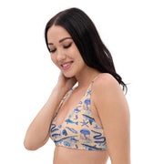 Deep Blue Ocean Creatures Bikini Top, Vintage Fish Pattern by Adolphe Millot, All-Over Print Bathing Suit Top, Sustainable Swimwear SAND