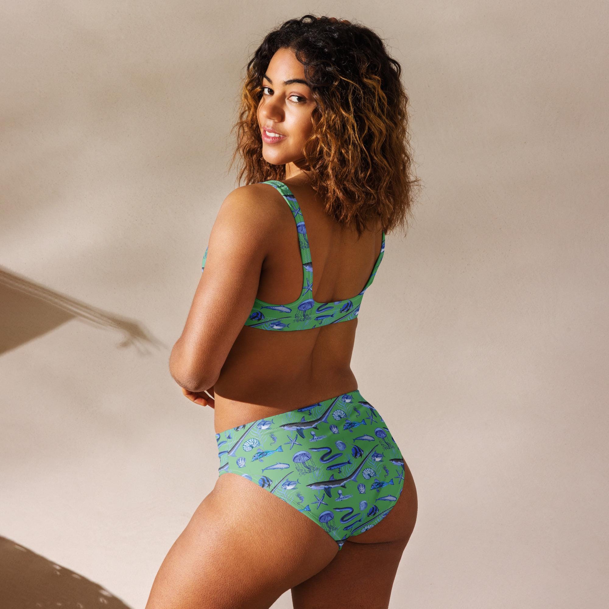 Deep Blue Ocean Creatures Bikini top, Vintage Fish Pattern by Adolphe Millot, All-Over Print bathing top, Sustainable Swimwear Seafoam