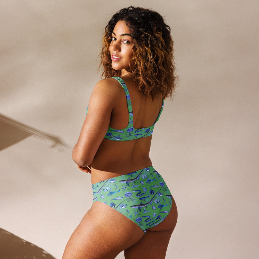 Deep Blue Ocean Creatures Bikini top, Vintage Fish Pattern by Adolphe Millot, All-Over Print bathing top, Sustainable Swimwear Seafoam